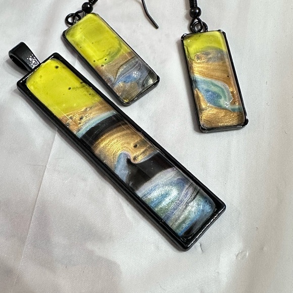 Jewelry Set Original Acrylic Pour Painting Colorful Abstract Art signed 5513 Y - Picture 8 of 10